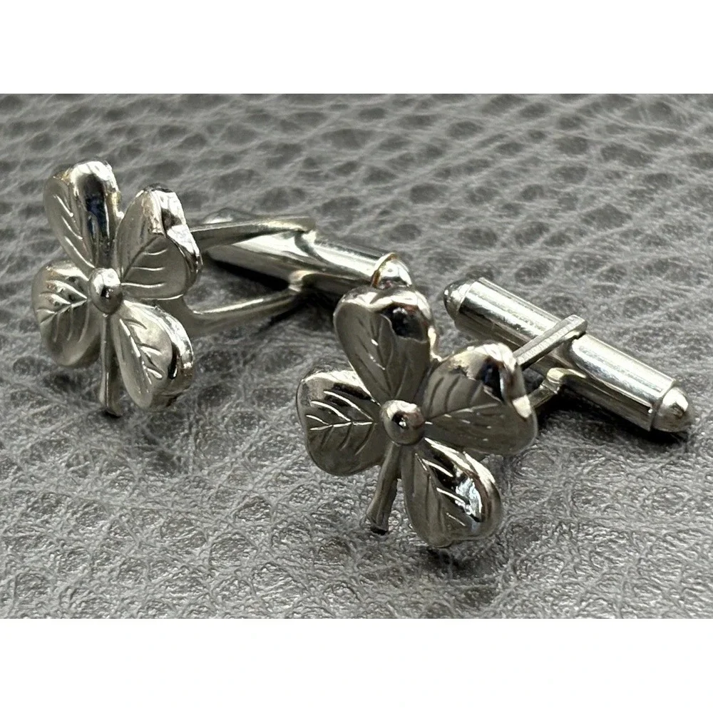 Vintage Shamrock Clover Silver Tone Cufflinks Men's Formal Wear
